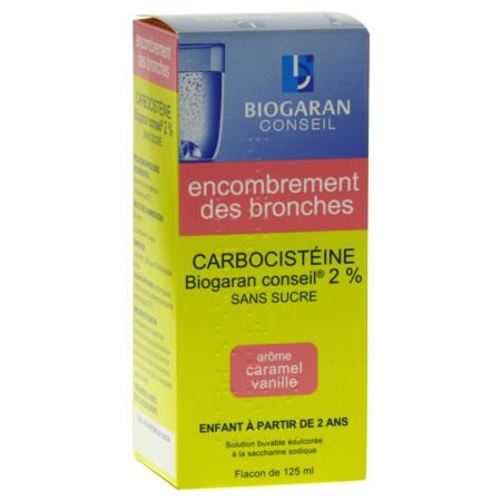 Carbocisteine biogaran 2 % enfants sans sucre, flacon de 125 ml de solution buvable