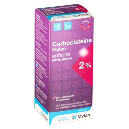 Carbocisteine mylan 2 % enfants sans sucre, flacon de 125 ml de solution buvable